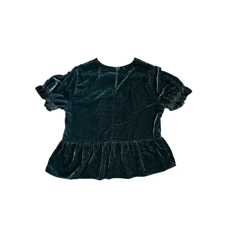 Madewell Smocked‎ Velvet Peplum Top Dark Green Emerald Puff Sleeve Blouse M